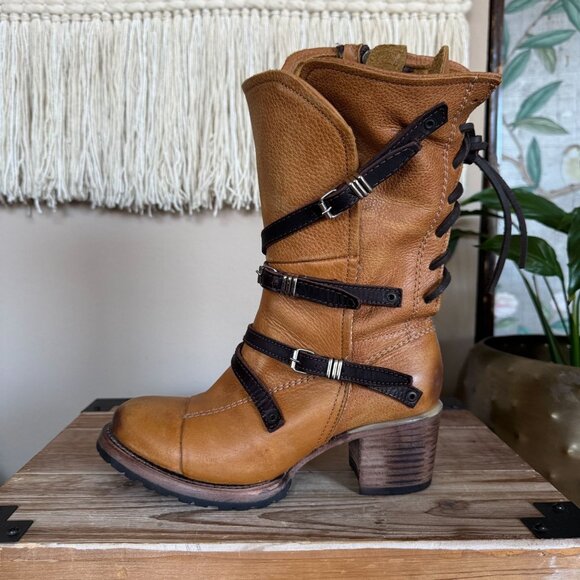 FREEBIRD Cora Genuine Leather Tan Brown Straps Silver Hardware Boots Size 7 - Picture 6 of 17